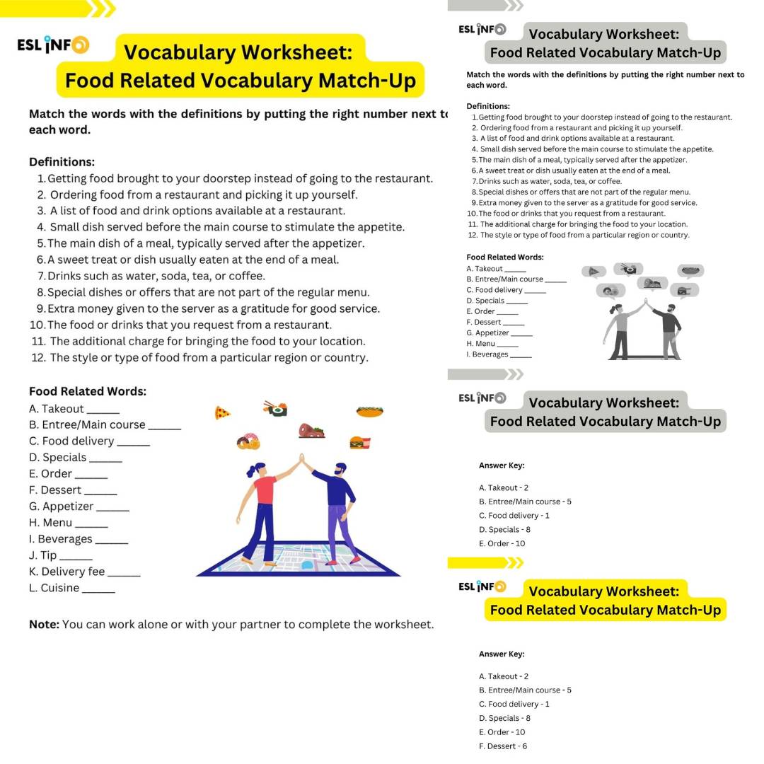 Food Related Vocabulary Match-Up Worksheet